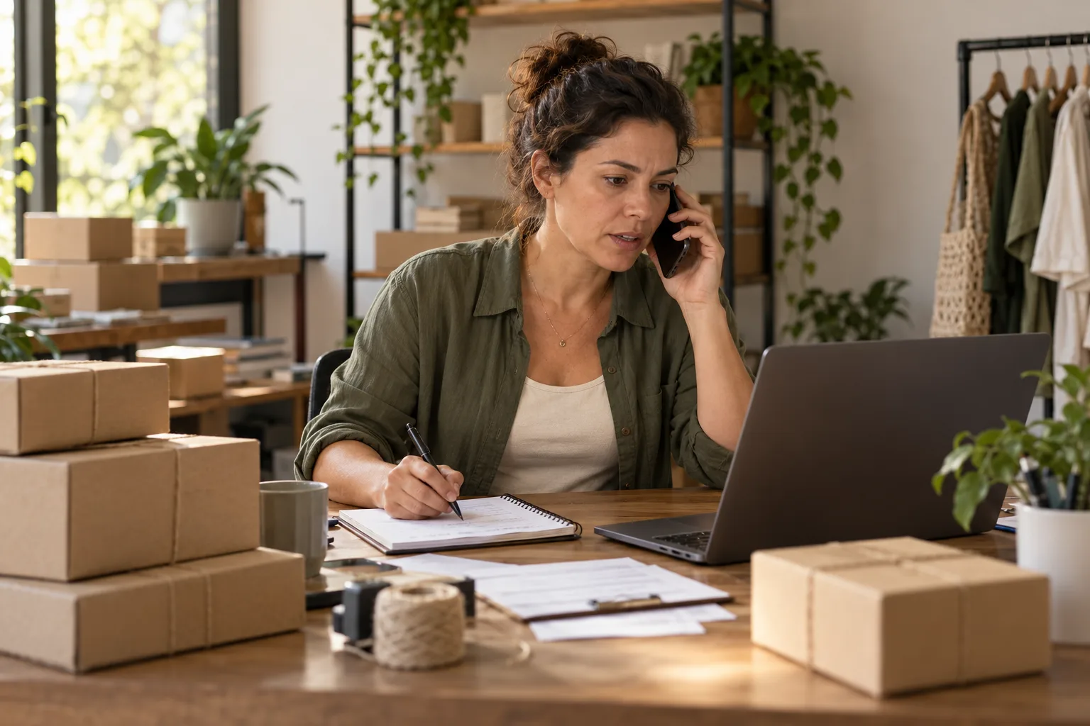 Profissional atende ao telefone enquanto faz anotações, com computador e pedidos ao redor